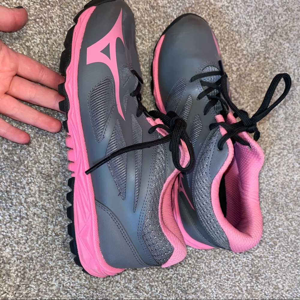 Mizuno pink and grey indoor turf shoes